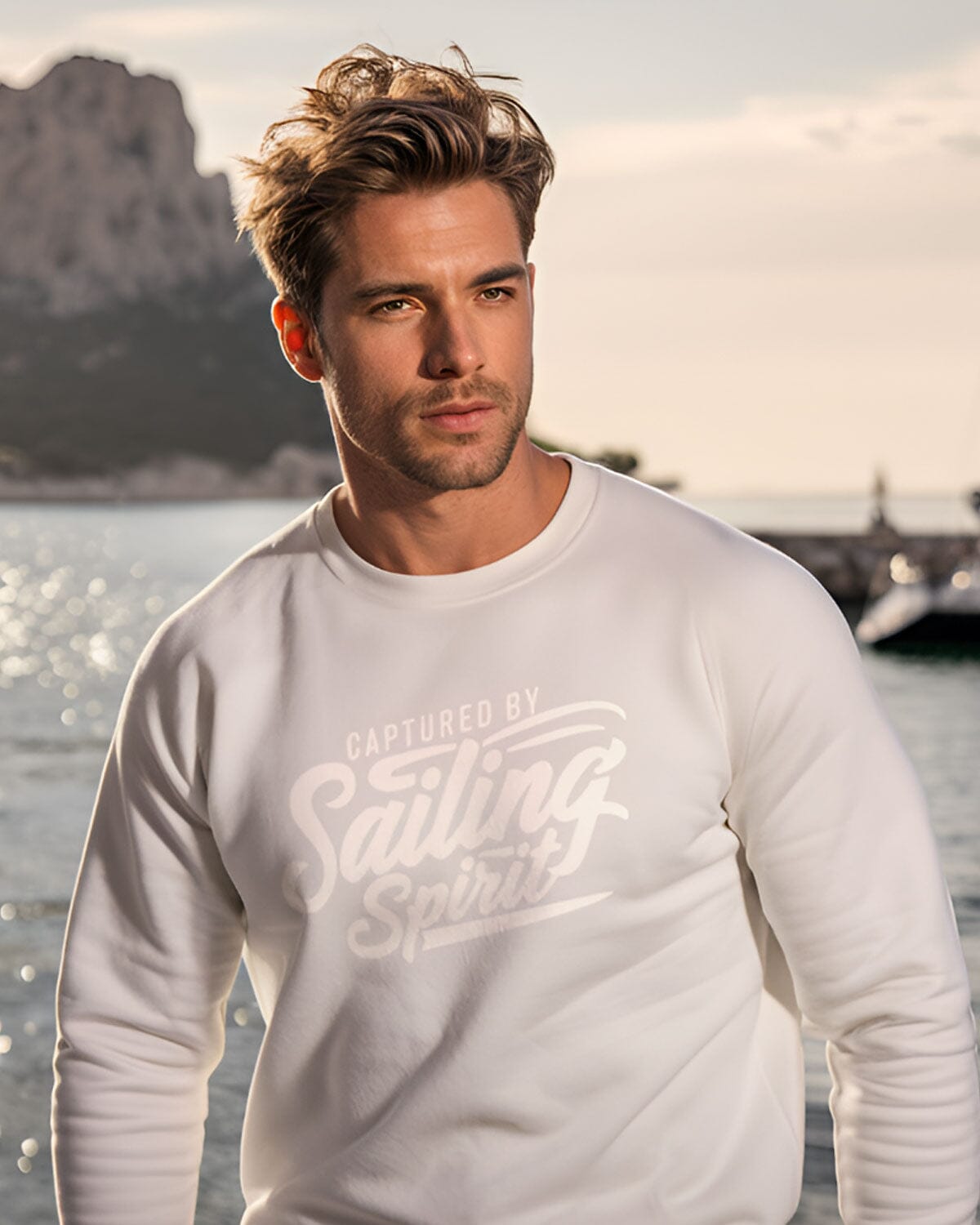 Weicher Bio-Herren Pullover für Segler mit dem Aufdruck sailing spirit | wellenwind.de | EMSTSU178 white