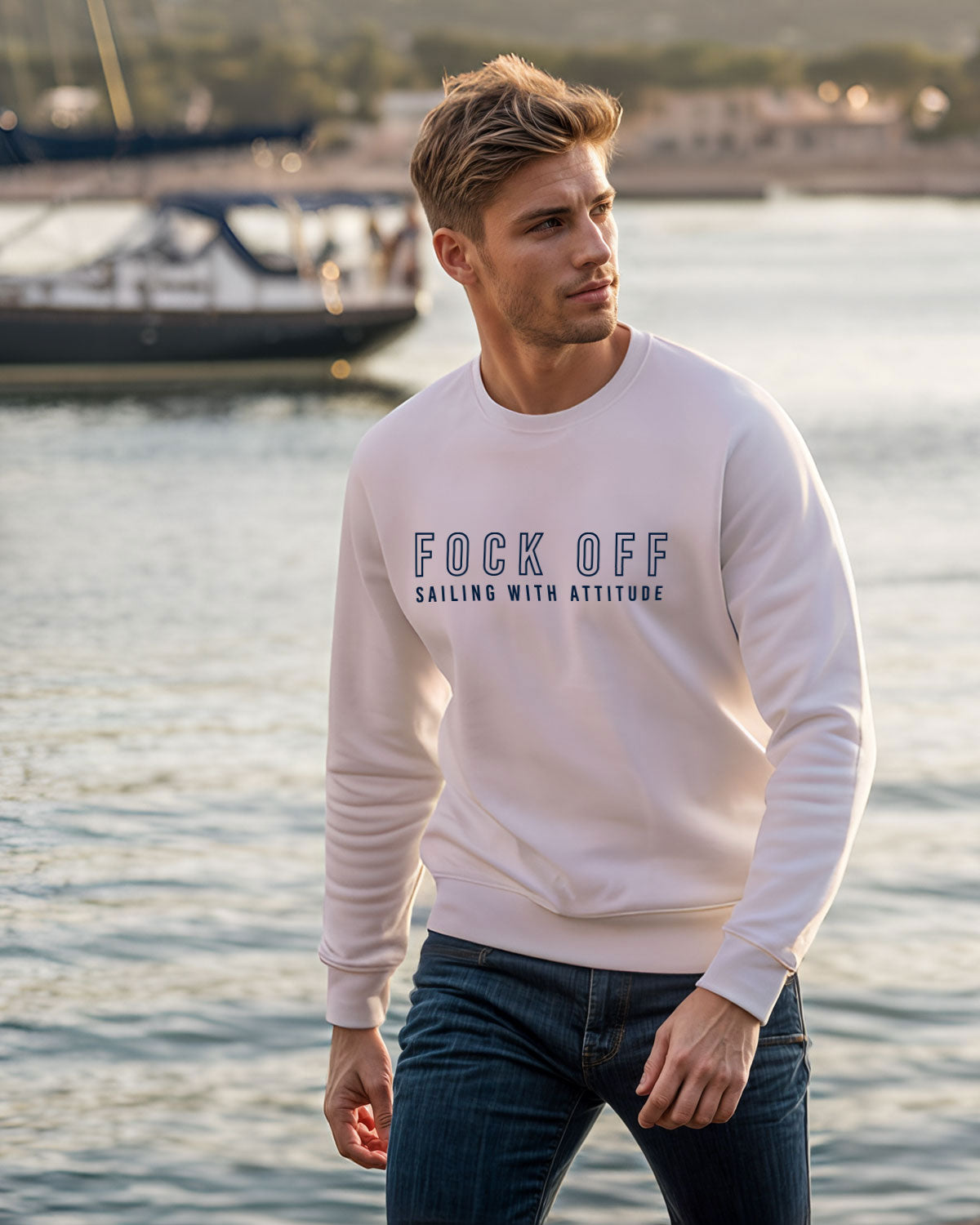 Weicher Bio-Herren Pullover für Segler mit dem Aufdruck Fock off | wellenwind.de | EMSTSU178 white