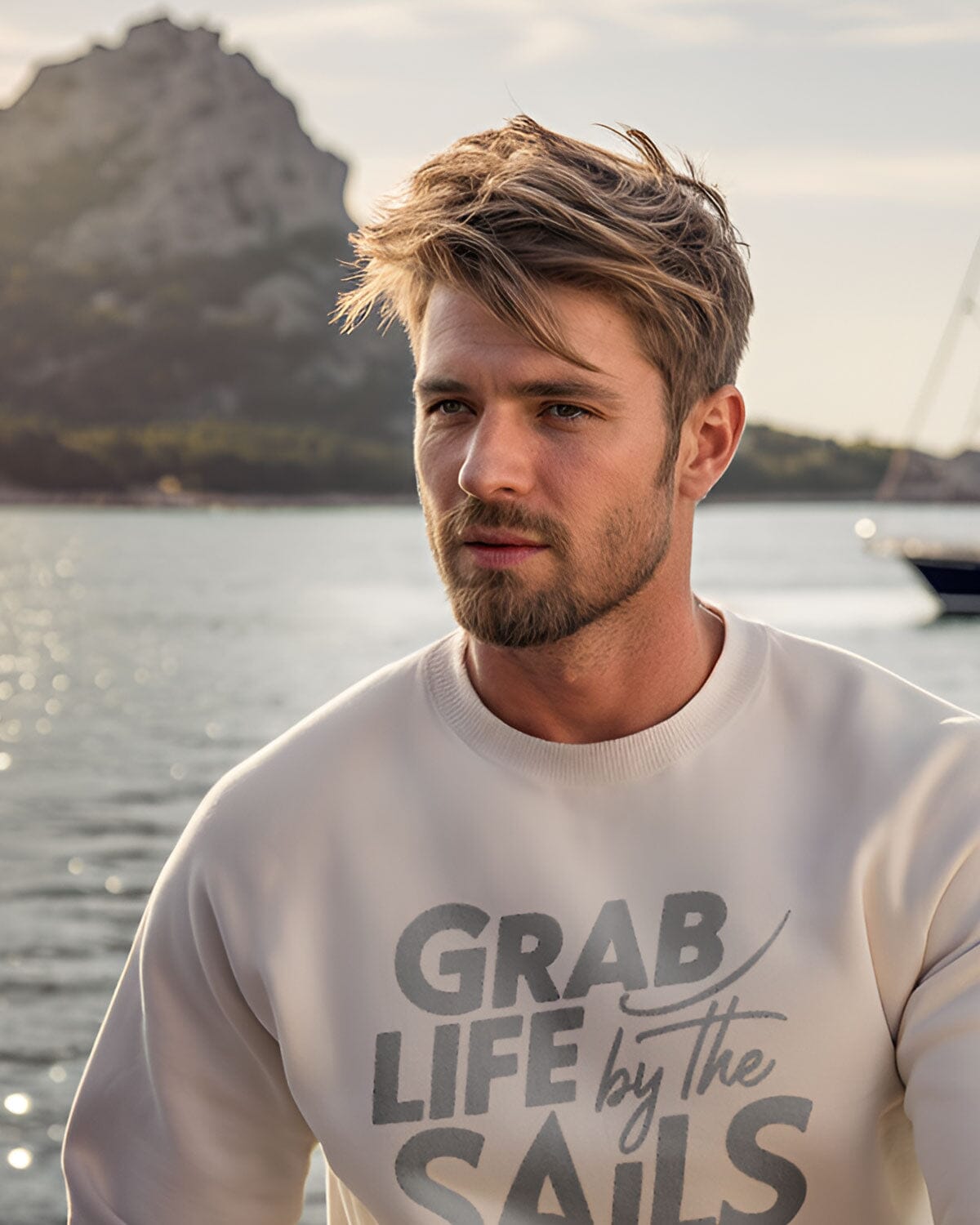 Weicher Bio-Herren Pullover für Segler mit dem Aufdruck Grab Life by the sails | wellenwind.de | EMSTSU178 naturalraw