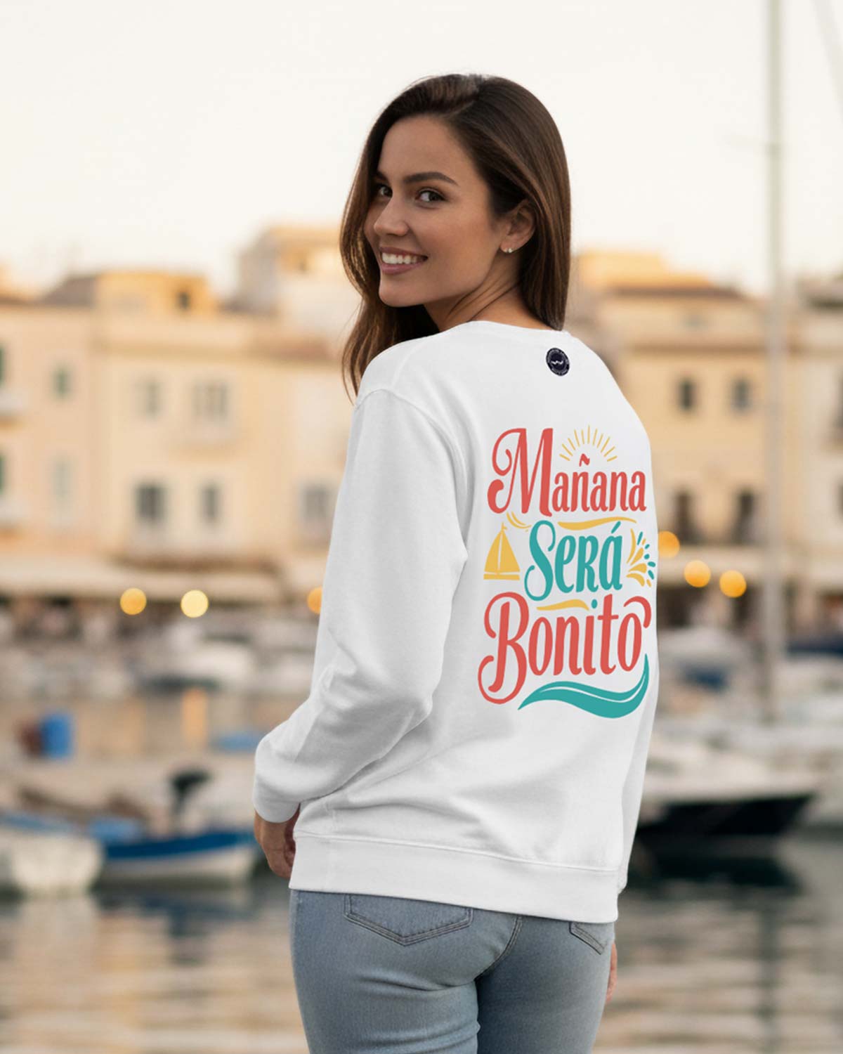 Weicher Bio-Unisex Pullover für Segler mit dem Aufdruck Manana sera bonito | wellenwind.de | white