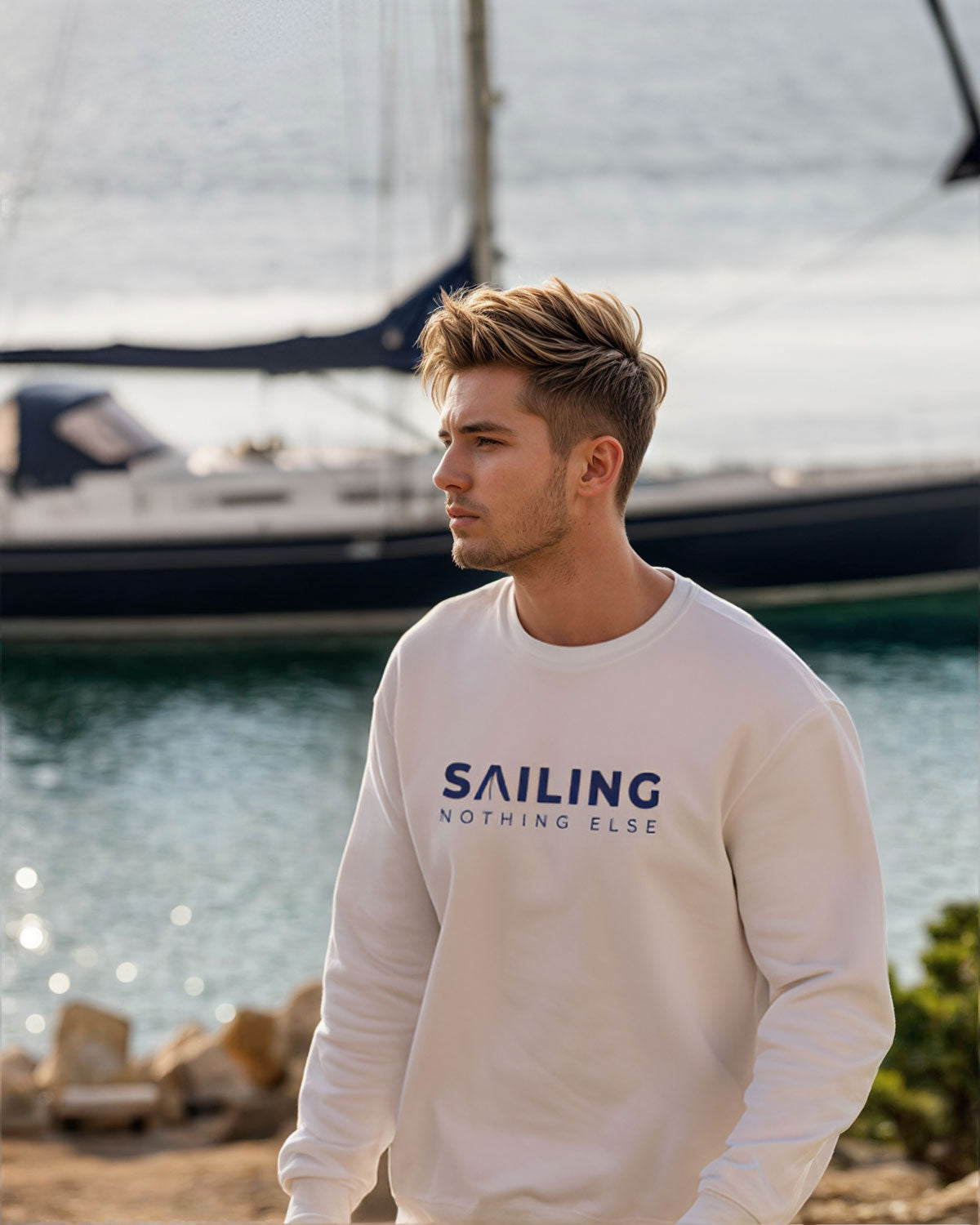 Weicher Bio-Herren Pullover für Segler mit dem Aufdruck sailing nothing else | wellenwind.de | EMSTSU178 white