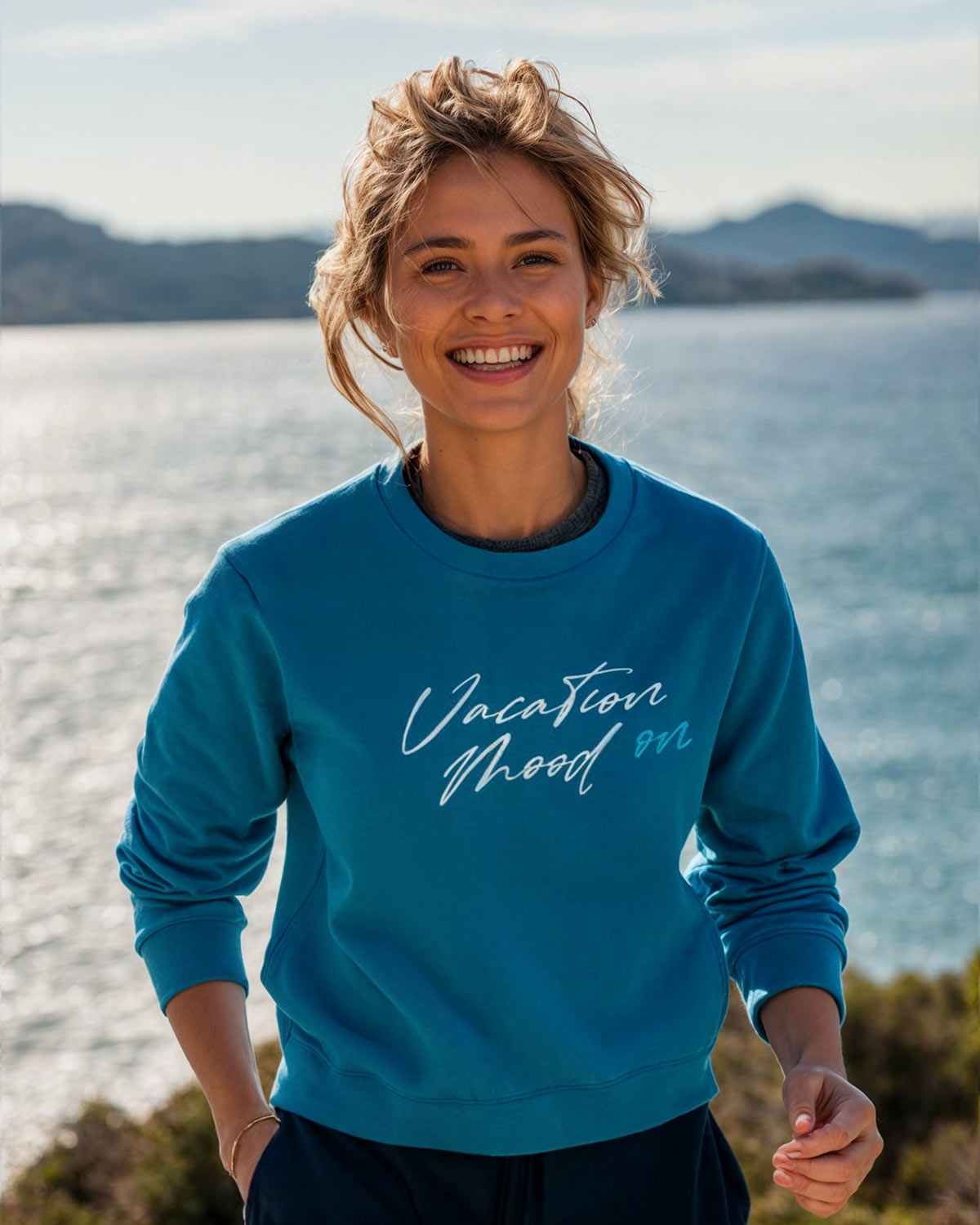 Weicher Bio Damen Pullover Vacation Mood on | Damen Pullover EM_STSU178 blue